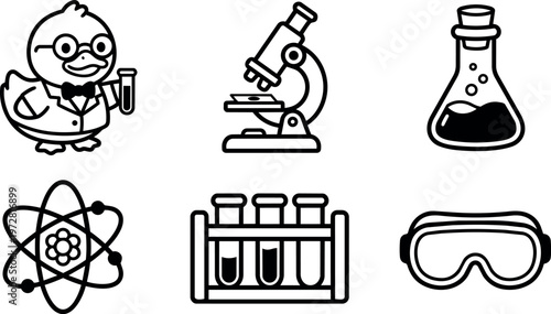 Black and white scientist duck with test tube microscope and lab equipment vector art