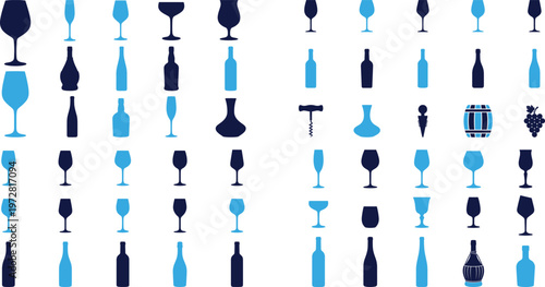 Wine and spirits glasses and bottles for restaurant and celebration.