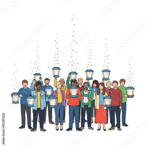 A group of diverse people are holding and celebrating with lanterns outdoors at night.