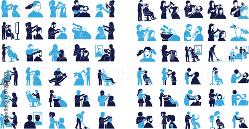 Hairdresser service icons showing cutting styling and coloring hair professions.