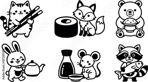 Black and white line art cute animals holding food and drink icons
