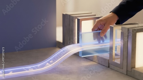 Business hand guiding a translucent approval slab through modular workflow blocks with luminous data flow and copy space for enterprise oversight technology header