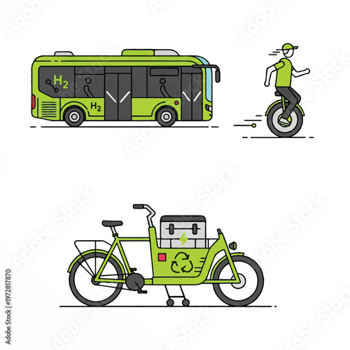 A person riding a unicycle next to a hydrogen fuel cell bus and an electric tricycle on a city street.