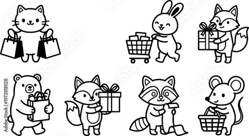 Cute animals shopping with bags gifts and cart