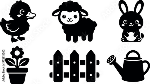 Black and white cute farm animals and garden icons vector art