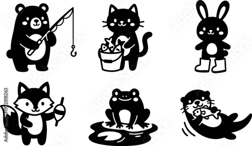 Black and white animal characters fishing fox frog otter bear cat and rabbit illustration
