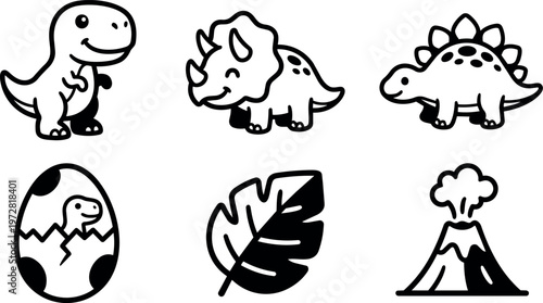 Black and white cartoon dinosaur and volcano icons with leaf and egg hatching