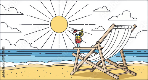 Colorful beach chair with umbrella.