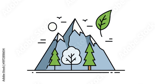 Mountain Landscape With Trees And Sun.