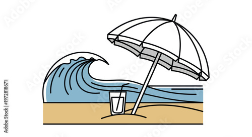 Beach umbrella on sandy shore.