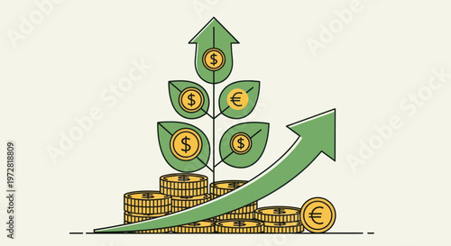 Green plant growing on coins money.