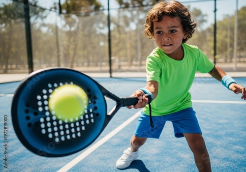 Little boy learning to play padel tennis with a professional racket on a sports court.