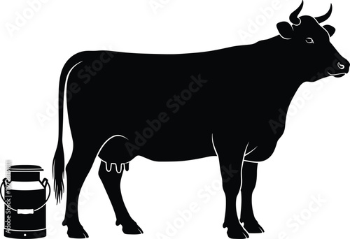 Black Silhouette Vector Illustration of a Standing Dairy Cow and a Traditional Metal Milk Can Isolated on White Background for Farm and Agriculture Design