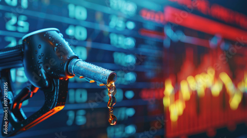 gasoline petroleum fuel nozzle with blurred background of oil price graph of the energy market business on a global industrial.	