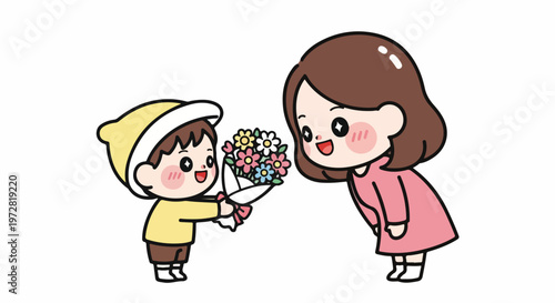 Cartoon illustration of a young boy offering colorful balloons to a smiling girl against a clean white background with a cheerful mood.