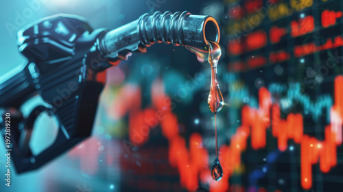 gasoline petroleum fuel nozzle with blurred background of oil price graph of the energy market business on a global industrial.	