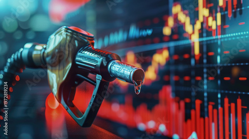 gasoline petroleum fuel nozzle with blurred background of oil price graph of the energy market business on a global industrial.	