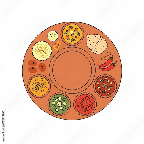 A vibrant illustration of various food dishes arranged on a plate with tortillas and spices.