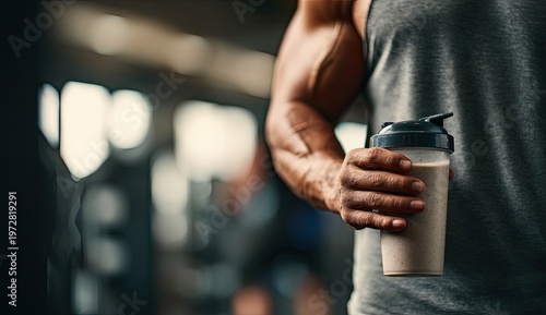 Muscular Man Holding Protein Shake After Intense Gym Workout Session.