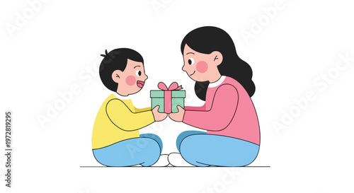 A cartoon illustration of a woman and a child sitting and exchanging a gift in a simple, colorful style against a clean white background.