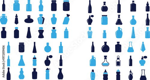 Collection of various bottle and jar shapes and sizes in blue and dark blue.