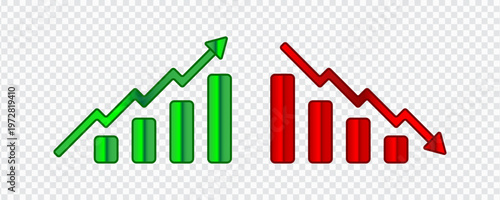Financial bar chart icons with up and down arrows, flat 3D business growth and loss statistics on transparent background