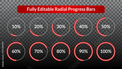 Red radial progress bars set, 10 to 100 percent circular loading indicators for UI and dashboard design