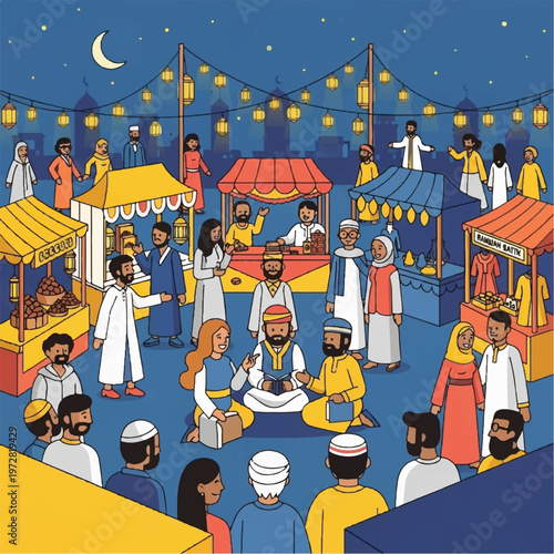 Vibrant nighttime market scene with people gathered around stalls selling food and goods under colorful lanterns and a crescent moon.