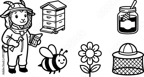 Black and white cartoon goat beekeeper with hive bee flower and honey jar