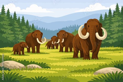 Towering woolly mammoths stride across the tundra