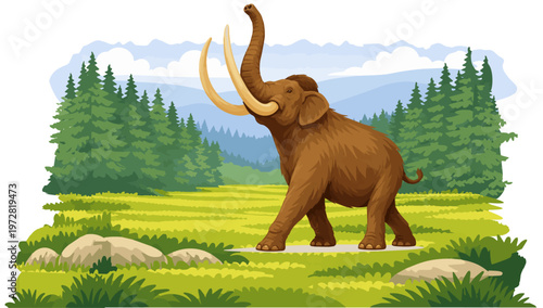 A towering woolly mammoth strides across the tundra