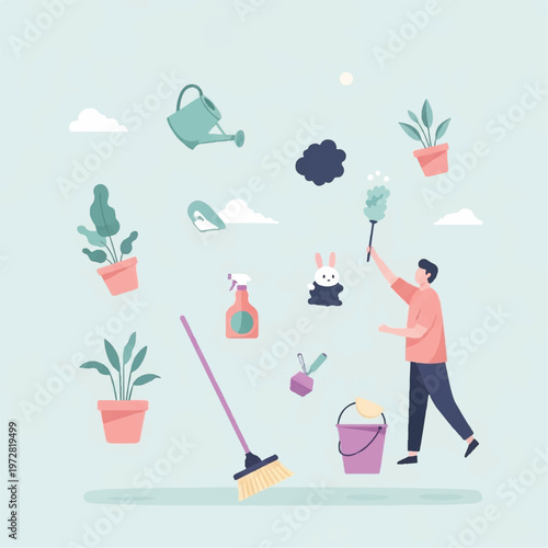 A person gardening outside with plants, watering can, and cleaning tools nearby.