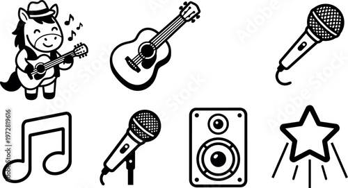 Black and white cartoon horse playing guitar with music notes microphone and star vector art