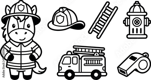 Cartoon horse firefighter with helmet fire truck ladder whistle and hydrant line art