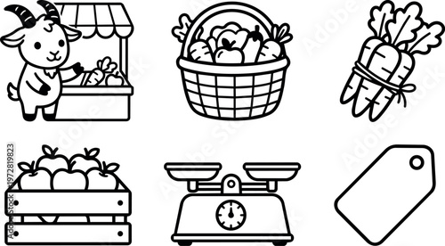 Black and white vector art goats vegetable market basket and scale