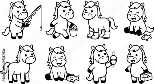 Cute horses fishing and playing with fish bucket and box