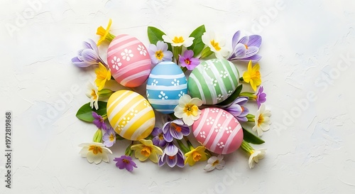 Easter Eggs and Blooming Flowers: An artful arrangement of vibrantly painted Easter eggs nestles among an array of colorful spring flowers, heralding the arrival of spring.