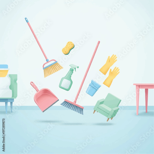 Cleaning tools and furniture float in mid-air in a tidy room