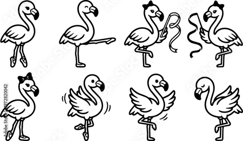 Black and white line art flamingos in various poses with bow and ribbons