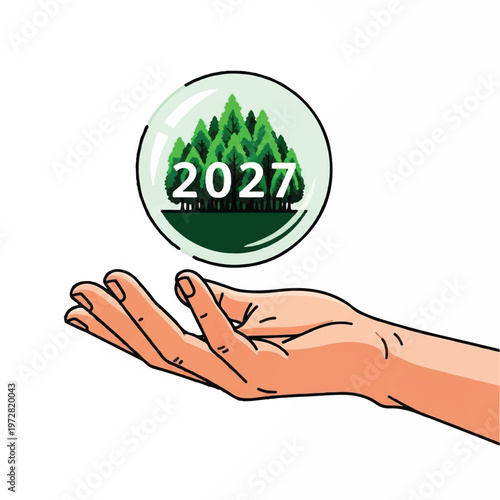 A hand holds a crystal ball with trees and 2027, foreseeing environmental future.
