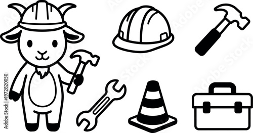 Black and white construction goat holding hammer with helmet wrench traffic cone and toolbox icons