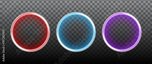 Set of glowing circular neon frames, 3D metallic round light borders on transparent background