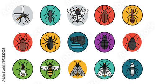 A diverse collection of colorful insect and pest flat design icons.