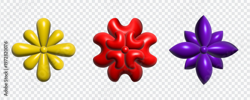 Set of three colorful 3D flower icons, matte floral ornaments and stars on transparent background