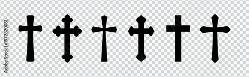 Set of black Christian cross icons, various religious crucifix shapes isolated on transparent background