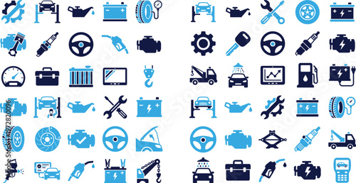 Car parts icons and vehicle service symbols for auto industry on white.