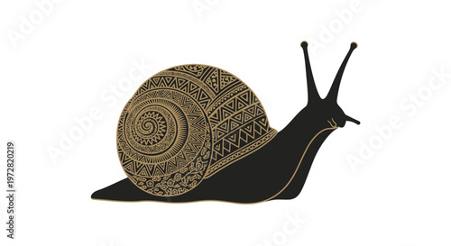 Ornamental snail illustration with geometric tribal pattern on shell