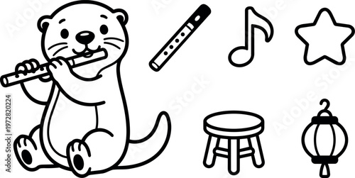 Cute otter playing flute with musical notes star stool and lantern line art vector