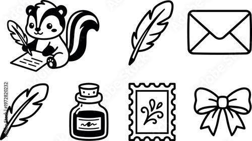 Black and white line art cute chipmunk writing with quill and envelope icons