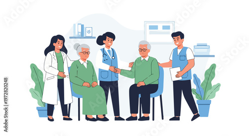 Illustration of a diverse group of people interacting in a healthcare setting with a friendly and approachable mood.